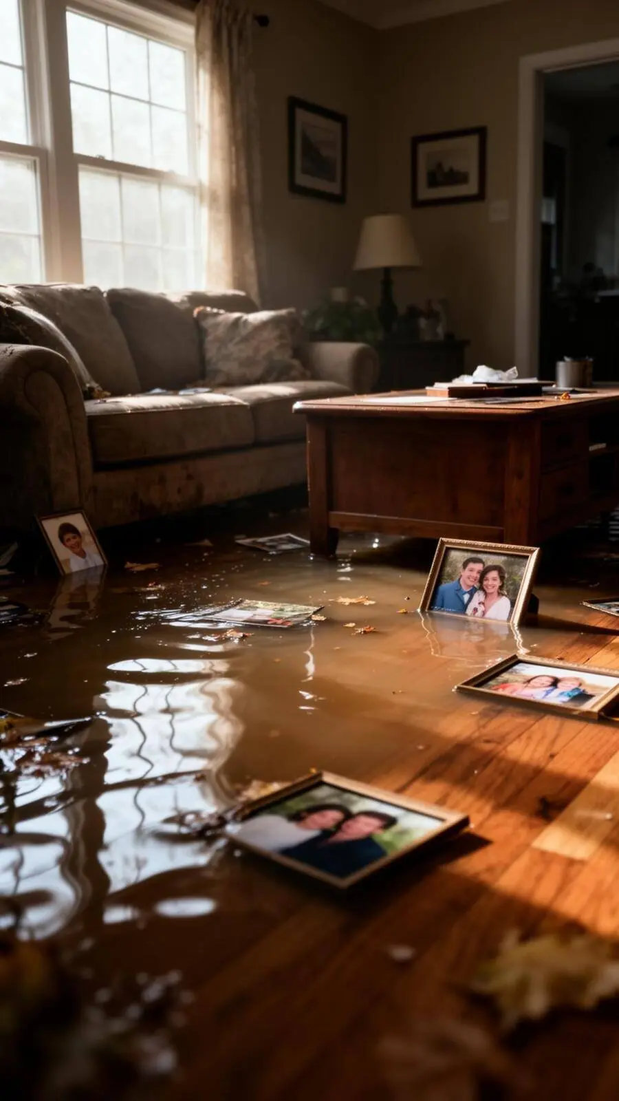 Flooded residential living room with murky water covering hardwood floor